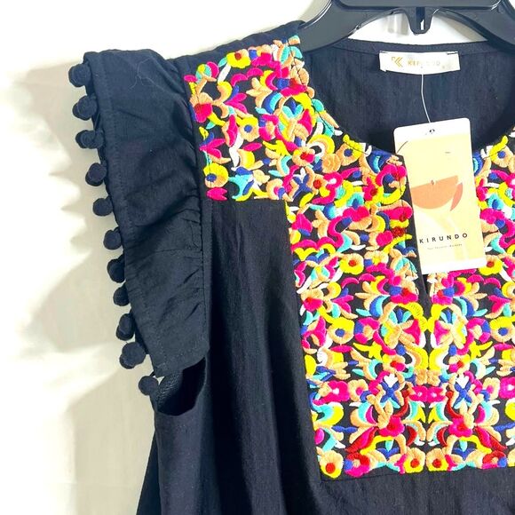 KIRUNDO NEW Women’s Boho Embroidered Black tunic Dress sleeveless summer  Sz S - Picture 6 of 6